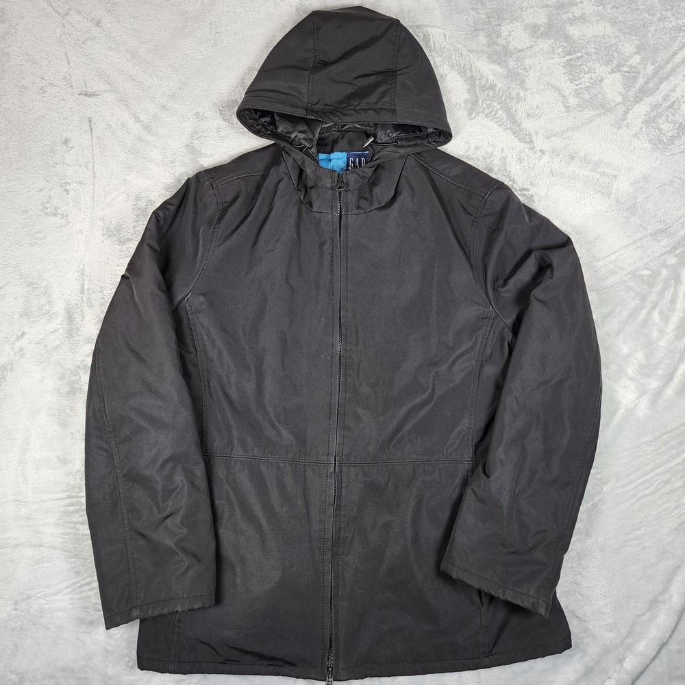 Vintage GAP Jacket Mens Large Black Hooded Quilted‎ Lined Full Zip Pockets 2000